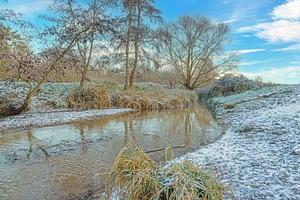 Image of a stream flowing through a winter forest photo