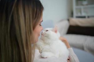 A young woman works at home while a white Persian cat photo