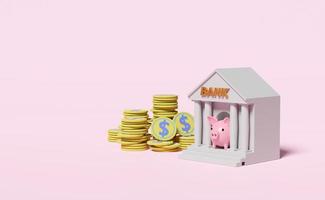 edificio de banco o oficina de impuestos con moneda de dólar, alcancía aislado sobre fondo rosa. concepto de ahorro de dinero, ilustración 3d, presentación 3d foto