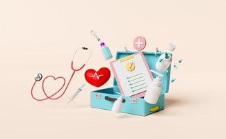 first aid kit bag with check list, stethoscope, syringe, red heart and blood pressure heart rate isolated on cream color background. health love or world heart day concept, 3d illustration, 3d render photo