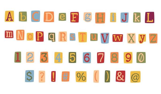 Retro anonymous criminal alphabet set colorful. Random letters cut from magazine. Web use, poster, greeting card, print.