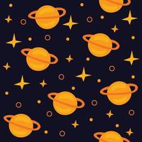 patrón sin costuras con planetas saturnos y estrellas sobre fondo oscuro. ilustración cósmica de dibujos animados para imprimir. vector