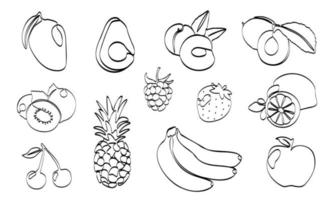 Continuous one line drawing fruits. Vector illustration. Black line art on white background. Set with cartoon fruits isolated on white background. Vegan concept