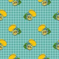 Seamless pattern with lemon on blue background. Continuous one line drawing lemon. Black line art on blue background with colorful spots. Vegan concept vector