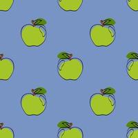 Seamless pattern with apple on blue background. Continuous one line drawing apple. Black line art on blue  background with colorful spots. Vegan concept vector