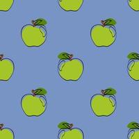 Seamless pattern with apple on blue background. Continuous one line drawing apple. Black line art on blue  background with colorful spots. Vegan concept vector