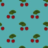 Seamless pattern with cherry on blue background. Continuous one line drawing cherry. Black line art on blue background with colorful spots. Vegan concept vector