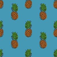 Seamless pattern with pineapple on blue background. Continuous one line drawing pineapple. Black line art on blue background with colorful spots. Vegan concept vector