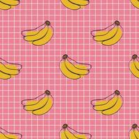 Seamless pattern with banana on pink background. Continuous one line drawing banana. Black line art on pink  background with colorful spots. Vegan concept vector