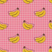 Seamless pattern with banana on pink background. Continuous one line drawing banana. Black line art on pink  background with colorful spots. Vegan concept vector