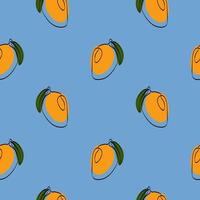 Seamless pattern with mango on blue background. Continuous one line drawing mango. Black line art on blue background with colorful spots. Vegan concept vector