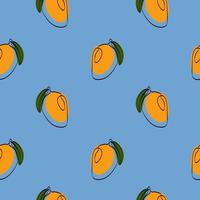 Seamless pattern with mango on blue background. Continuous one line drawing mango. Black line art on blue background with colorful spots. Vegan concept vector