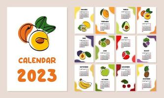 Cute calendar with cartoon fruits. 2023 calendar with fruits. Minimalistic calendar for the year for print. Black line art with colorful spots. Wall vertical calendar.