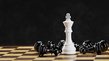 White chess king among lying black pawns on a chessboard. 3D rendering illustration. photo