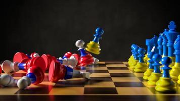 Russia's aggression against Ukraine. Chess in the colors of flags. 3D rendering illustration. photo