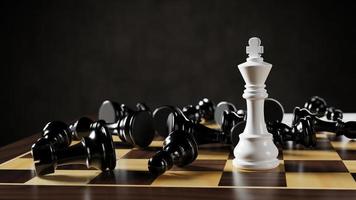 rey de ajedrez blanco entre peones negros acostados en un tablero de ajedrez. ilustración de representación 3d. foto