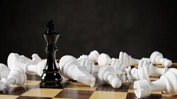 rey de ajedrez negro entre peones blancos acostados en un tablero de ajedrez. ilustración de representación 3d. foto