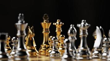 Gold and silver chess figures placed on chessboard. 3D rendering illustration. photo