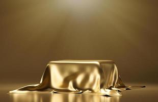 An empty pedestal covered with a golden cloth. 3D rendering illustration. photo