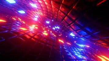 Flying through a futuristic tunnel with neon lights. 3D rendering illustration. photo