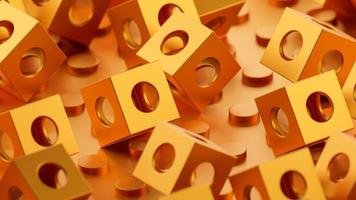Orange cubes with holes rotate and move. 3D rendering illustration. photo