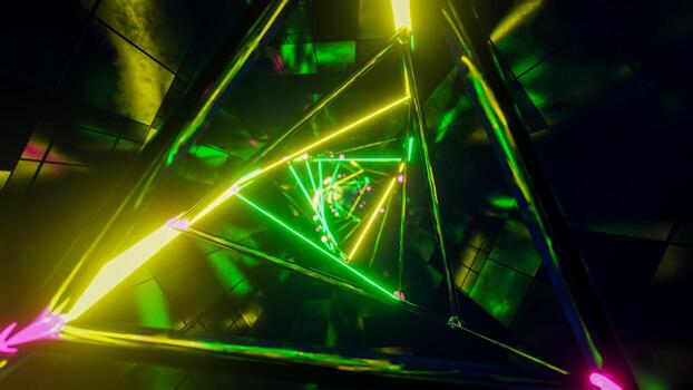 Motion graphic of flying into rotation triangle digital tunnel. 3D rendering illustration. photo