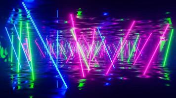 Flying down a corridor with multicolored fluorescent lights. 3D rendering illustration. photo