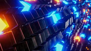 Flying in a tunnel with glowing cubes. 3D rendering illustration. photo