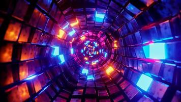 Flying in a tunnel with glowing cubes. 3D rendering illustration. photo
