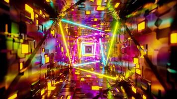 Flying in a tunnel with flashing multicolored fluorescent lights. 3D rendering illustration. photo