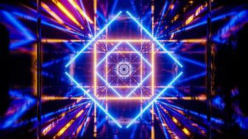 Flying in a tunnel with flashing blue and yellow fluorescent lights. 3D rendering illustration photo