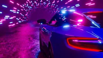 A sports car rushes through a neon tunnel. 3D rendering illustration. photo