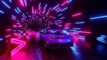 A sports car rushes through a neon tunnel with direction signs. 3D rendering illustration. photo