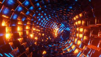 Flying through a tunnel of blue and orange metal cubes. 3D rendering illustration. photo