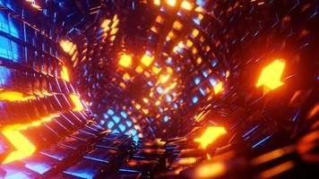 Flying through a tunnel of blue and orange metal cubes. 3D rendering illustration. photo