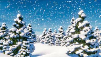 A walk in the snow-covered forest between the Christmas trees during a snowfall. 3D rendering illustration