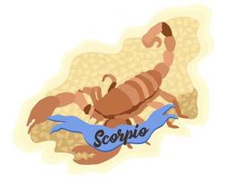 Scorpio. Zodiac sign. Vector isolated composition with lettering on light background. Horoscope concept. Red cancer lying in the water on the stones. Scorpion lying on the sand.