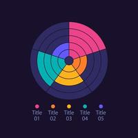 Concentric circle infographic diagram design template for dark theme. Five pies. Editable multi layered infochart with different values. Visual data presentation vector