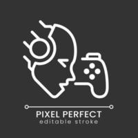 AI play games pixel perfect white linear icon for dark theme. Deep reinforcement learning. Artificial intelligence bot. Thin line illustration. Isolated symbol for night mode. Editable stroke vector