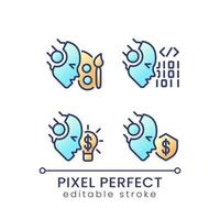 Artificial intelligence skills pixel perfect color gradient icons set. Data science. AI engineer. Automation technology. Isolated RGB vector images. Filled line illustration pack. Editable stroke