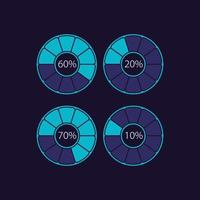 Fragmented circle percentage infographic chart design template set for dark theme. Loading level. Visual data presentation. Editable circular diagrams collection vector
