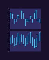 Ups and downs arrows infographic chart design template set for dark theme. Business analytics. Visual data presentation. Editable bar graphs collection vector