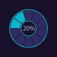 plantilla de diseño de gráfico infográfico de donut dividido para tema oscuro. veinte por ciento. infochart radial editable con nivel de progreso. presentación de datos visuales vector