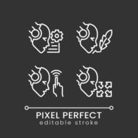 Artificial intelligence capabilities pixel perfect white linear icons set for dark theme. Machine learning. Night mode simple thin line symbols. Isolated outline illustrations. Editable stroke