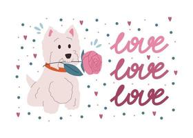 Romantic lettering, dog with rose in teeth vector