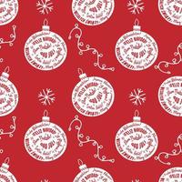 Christmas baubles made from Merry Christmas in different languages on the red background. Vector isolated seamless pattern in white color.