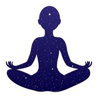 Meditation silhouette female character sitting in lotus pose, space inside in cartoon style isolated on white background. Vector illustration