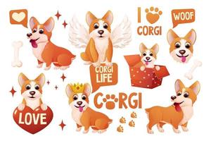 Set corgi dog stickers with crown, wings, sitting, adorable pet, activities in cartoon style isolated on white background. Comic emotional character, funny pose. Vector illustration