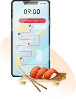 Asian sushi with salmon near smartphone vector