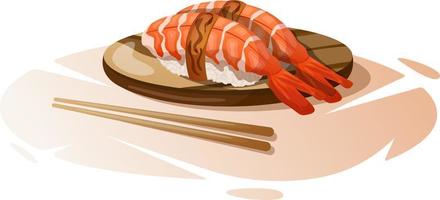 Asian tiger shrimp sushi on a round wooden stand vector